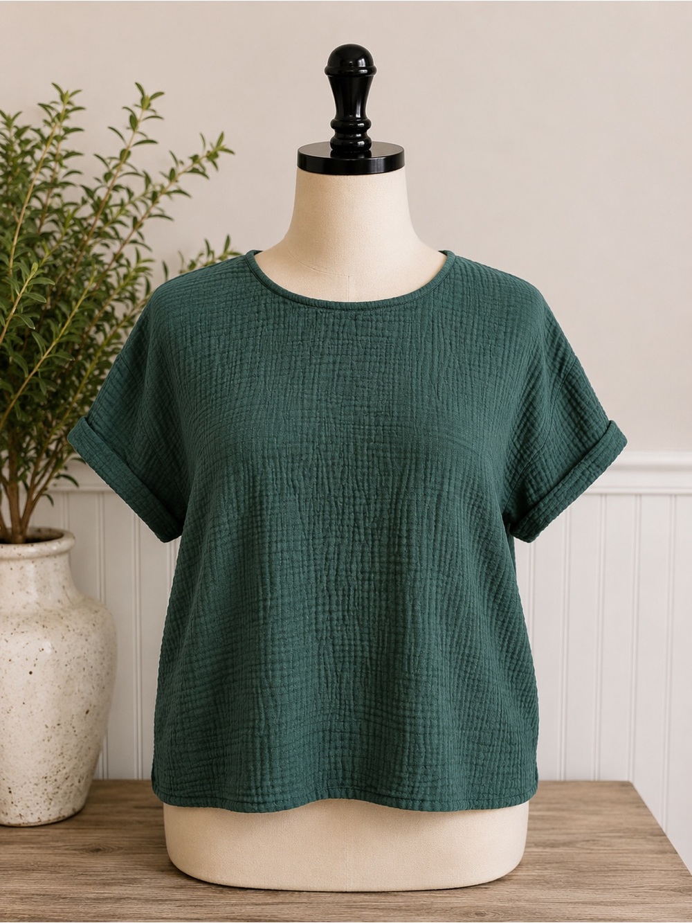 Gloria Vanderbilt Forest Green Short-Sleeve Round Neck Top